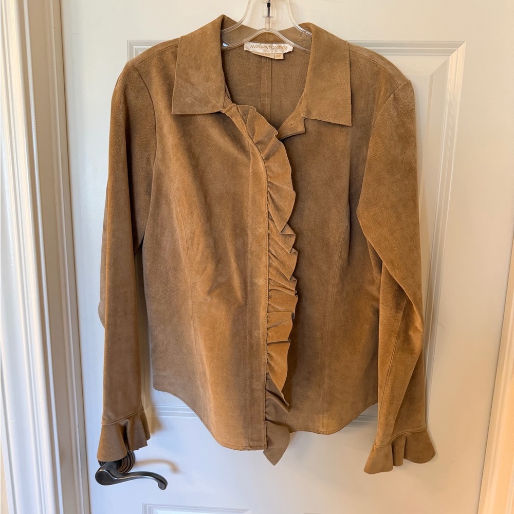 Vintage Margaret Godfrey leather suede ruffle edge Shacket Shirt Jacket